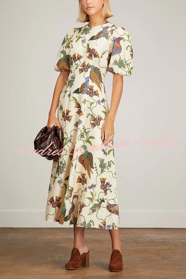 Level Up Floral Heaven Bird Print Puff Sleeve Midi Dress