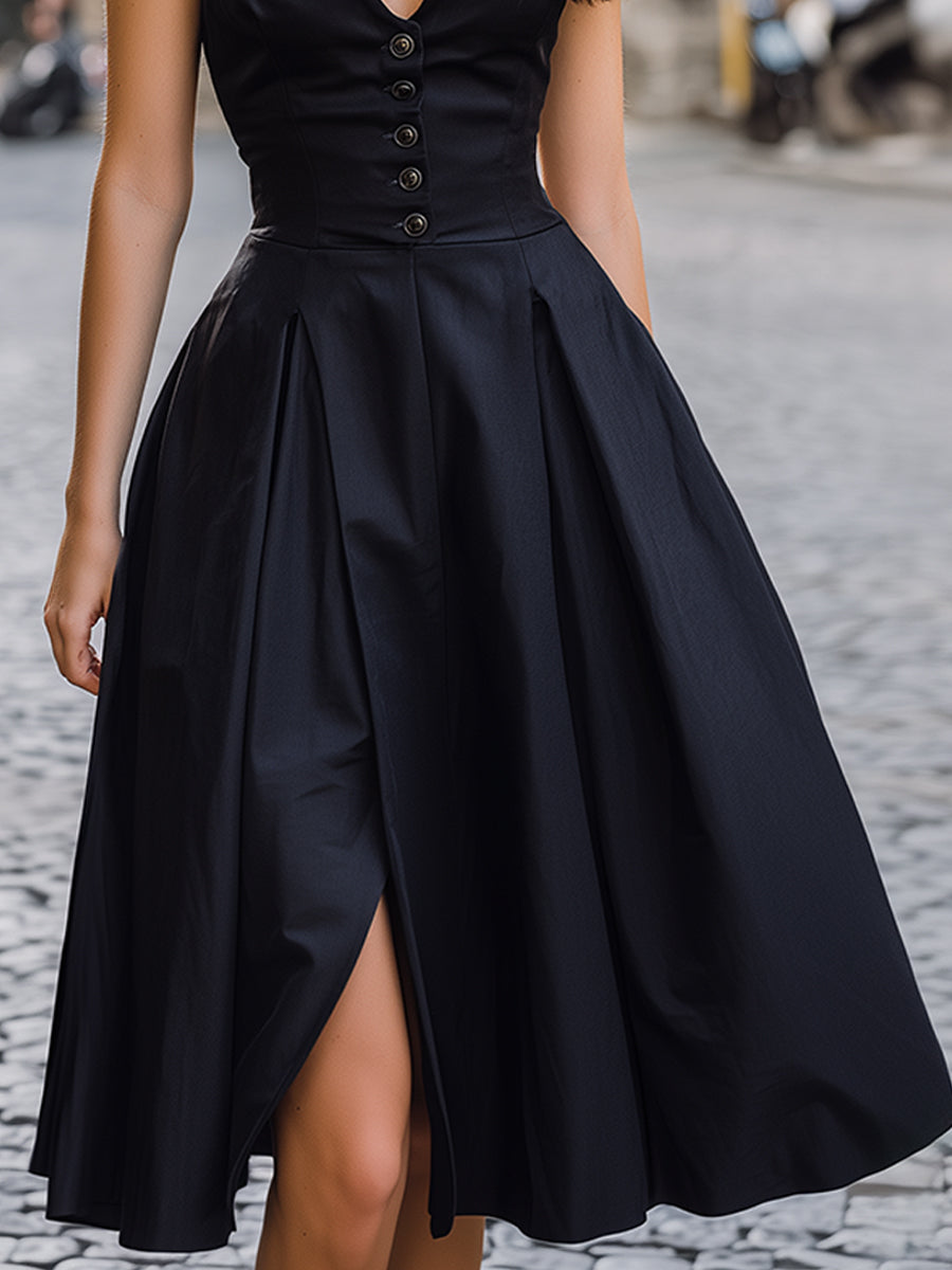 Elegant V-Neck Button-Down Midi Dress With Pleated A-Line Skirt