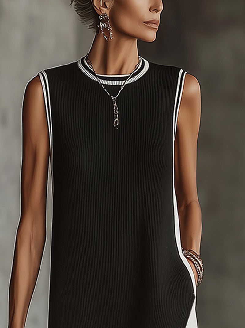 Black And White Colorblock Sleeveless Knit Midi Dress