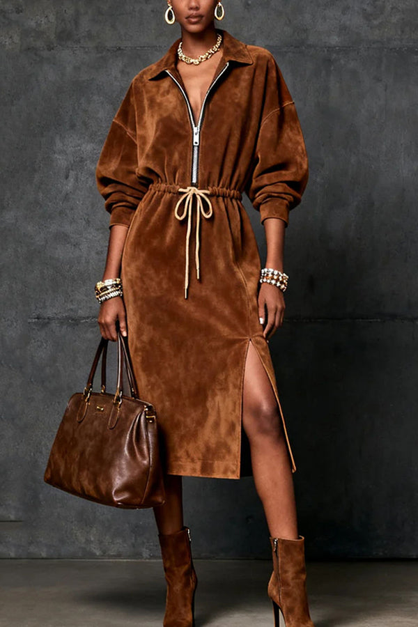 Stylish Suede Lapel Zipper Waist Tie Casual Midi Dress