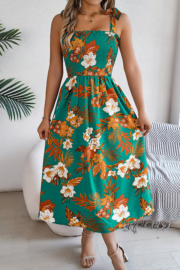 Plant Print Suspenders Pleated Holiday Beach Midi Dress