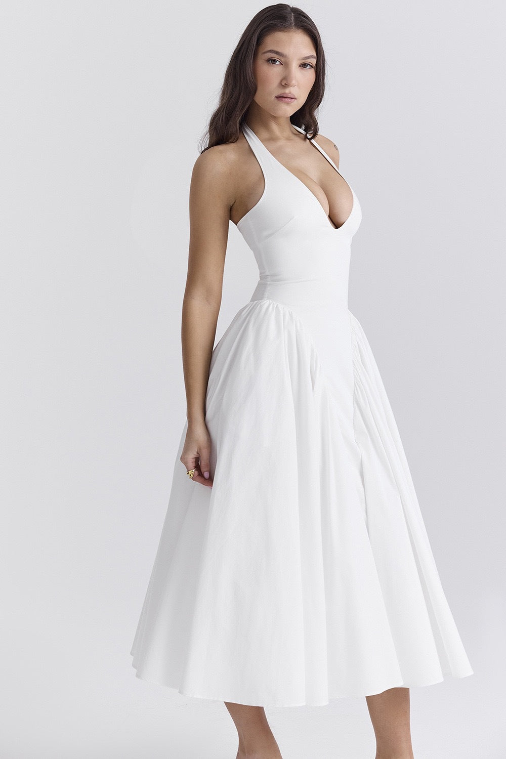 White Cotton Halter Midi Dresses