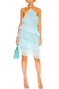 Best Days Patchwork Tulle Sheer Halterneck Pleated Midi Dress