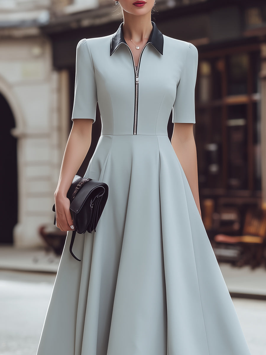 Zip Front Collared A-Line Midi Dress