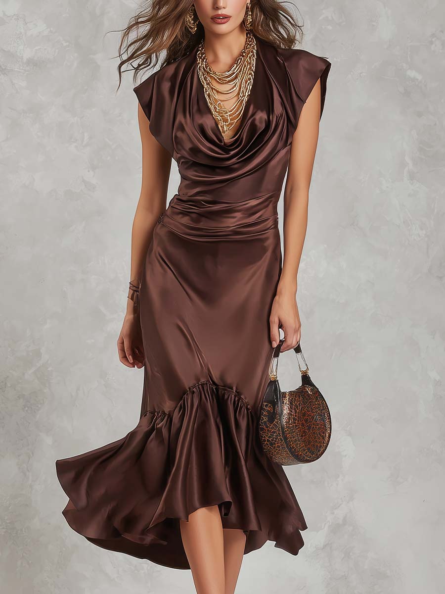 Elegant Vintage Draped Satin Midi Dress