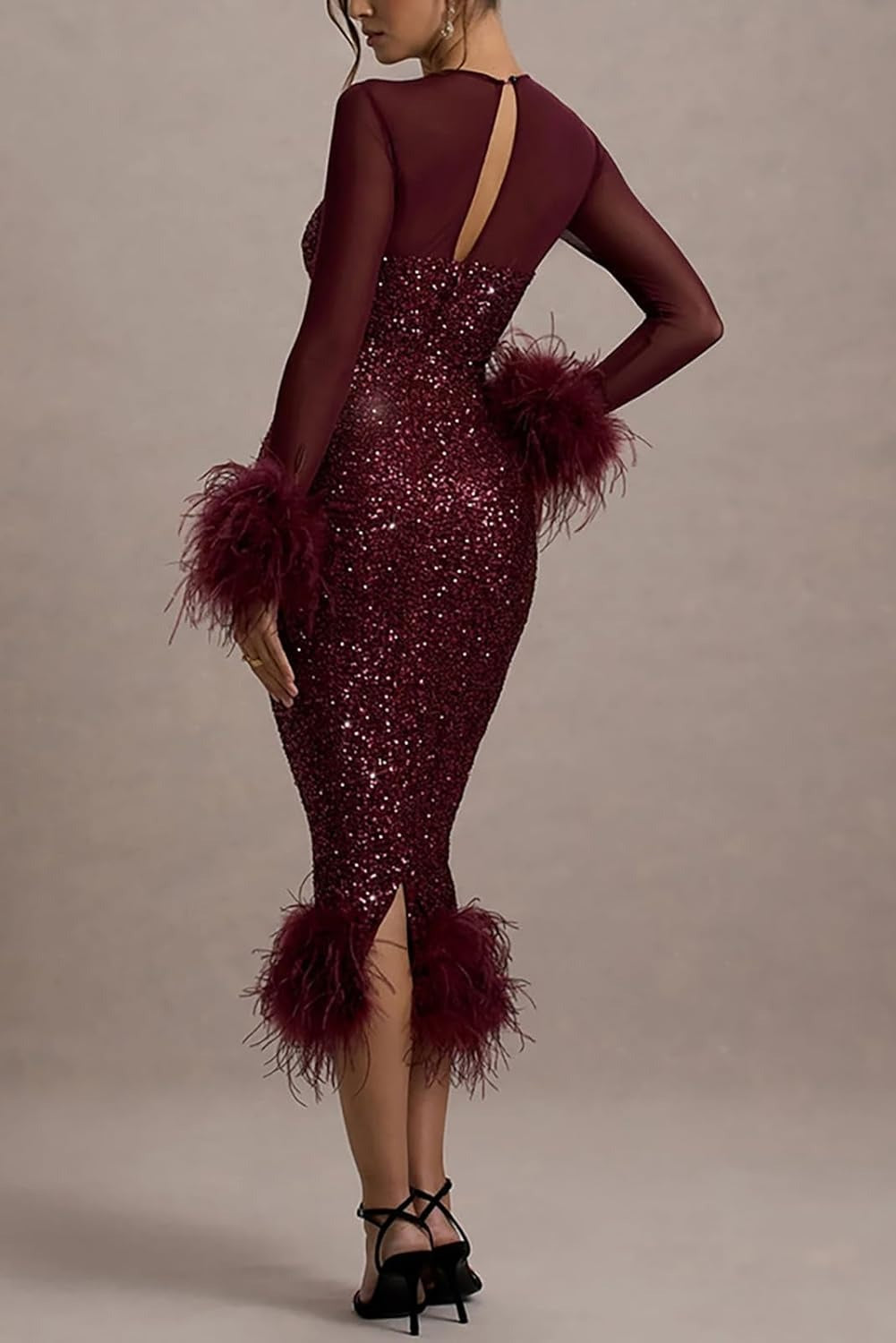 Glamor and Drama Mesh Sequin Patchwork Feather Trim Stretch Midi Dress