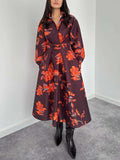 Retro Lapel Floral Print A-Line Midi Dress