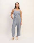 The Linen Side-Button Jumpsuit | White / Blue