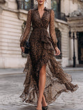 Leopard Print Wrap Midi Dress With Ruffled Hem