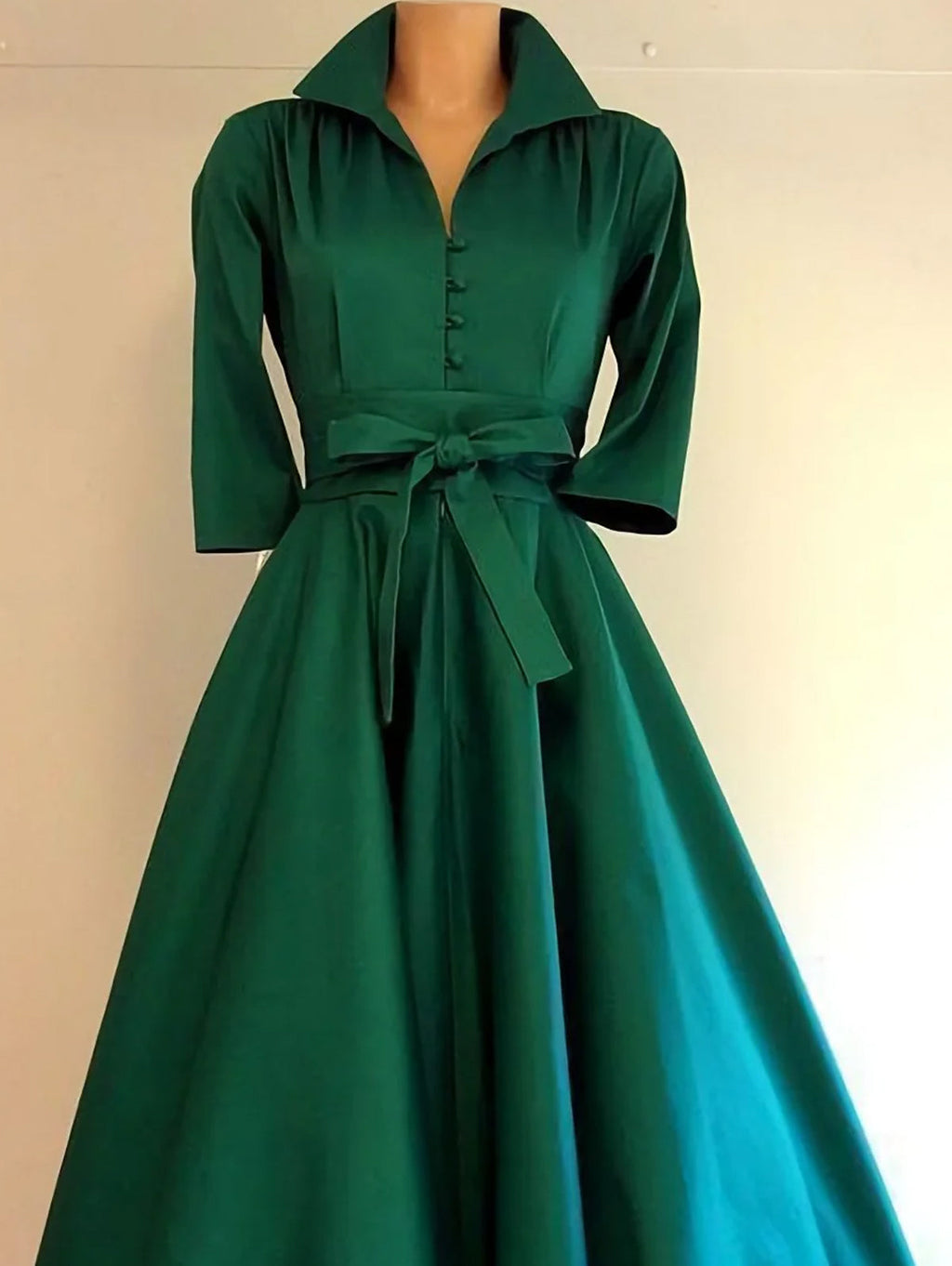 Daily Stand Collar 3/4 Sleeve Button Knotted A-Line Midi Dress
