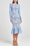 Feminine and Elegant Flower Lace Long Sleeve Bow Belted Flare Midi Dress