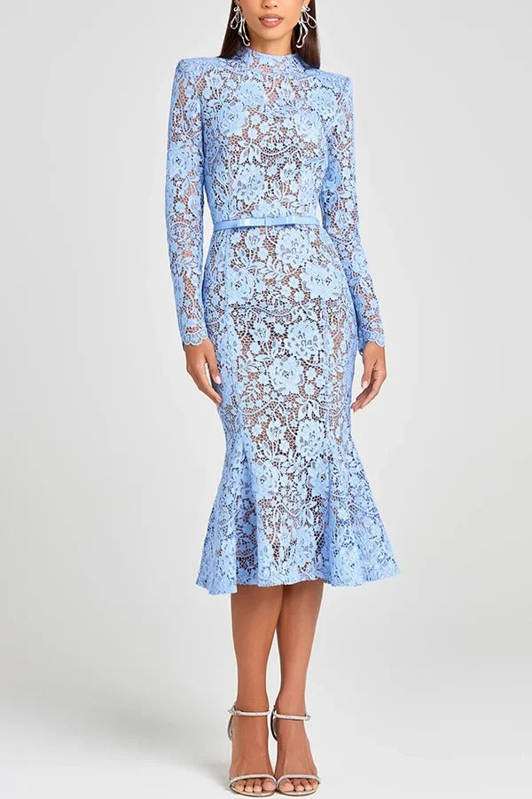 Feminine and Elegant Flower Lace Long Sleeve Bow Belted Flare Midi Dress