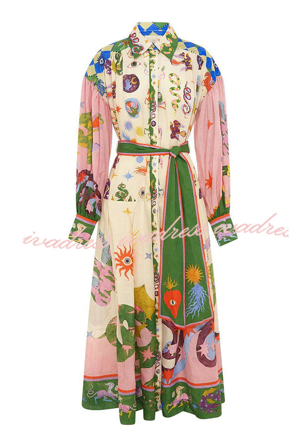 Effortless and Playful Print Balloon Sleeve Shirt Midi Dress