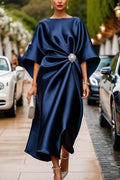 Satin Elegant Brooch Embellished Casual Round Neck Midi Dress