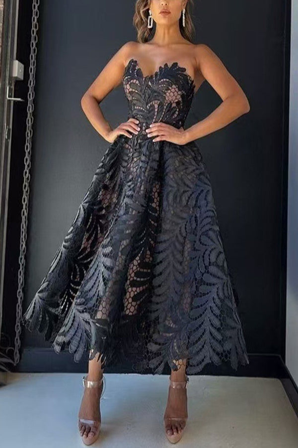 Elegant Openwork Lace Strapless Full-hem Midi Dress