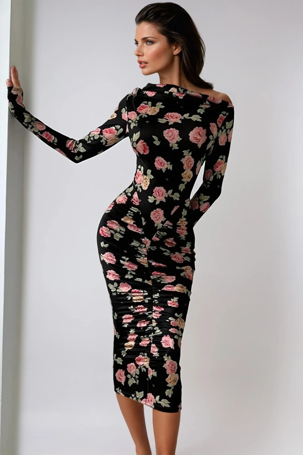 Dominiks Floral Bodycon Ruch Midi Dress In Black