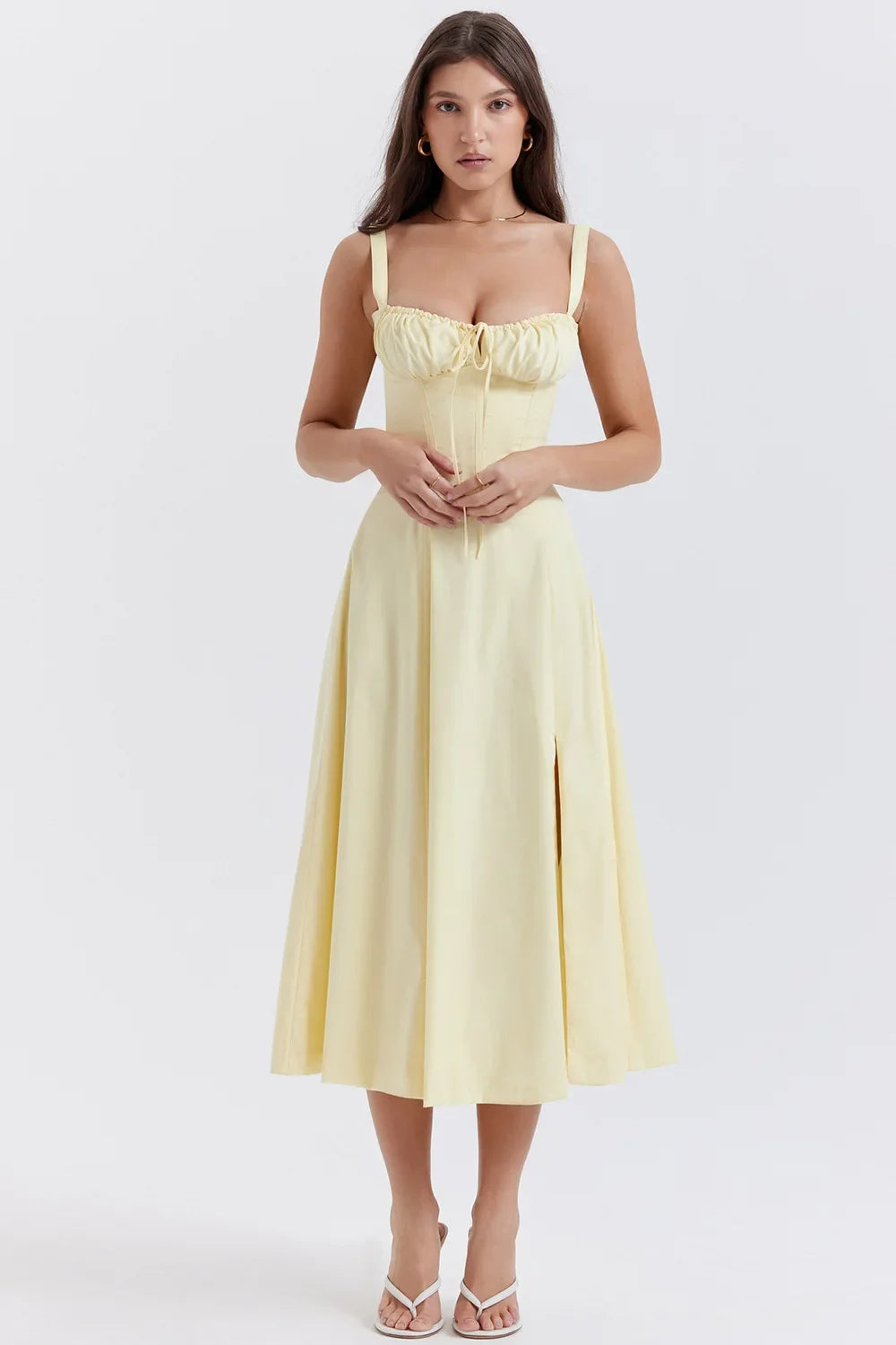 Aurora Floral Corset Midi Dress | Sweetheart Neckline. Slit Skirt. Spaghetti Straps