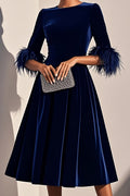 Solid Color Velvet Feather Half Sleeves Elegant Fitted Waist Midi Dress