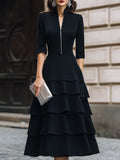 Zip-Front Tiered Midi Dress With Structured Waist