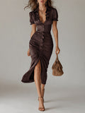 Elegant Pleated Satin Midi Dress With Ruffle Trim