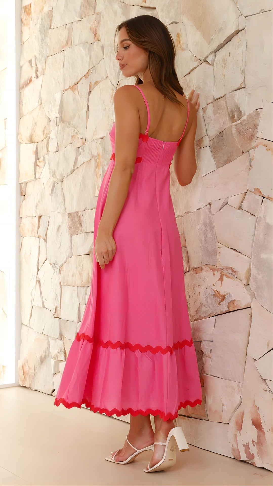 Sling Solid Color Wave Midi Dress