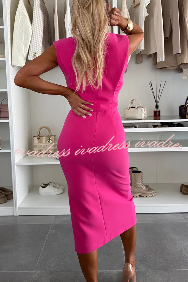 Charming Lady Solid Color Round Neck Sleeveless Waisted Slit Stretch Midi Dress