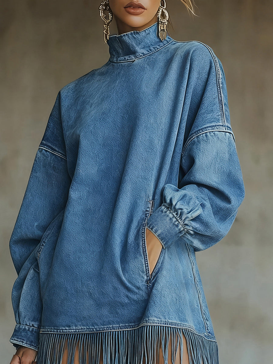 sheenchic Blue Denim High Neck Lantern Sleeve Pocket Fringe Hem Mini Dress