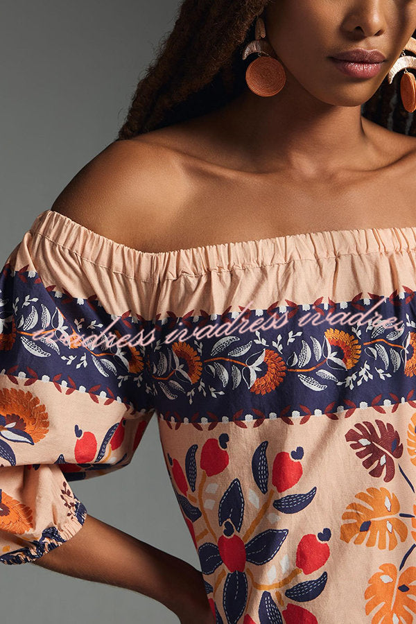 Island Lover Printed Off The Shoulder Pocketed Flowy Midi Dress