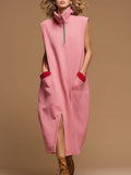 Sporty Retro Red Pocket Pink Cotton Blend Sleeveless Slit Midi Dress