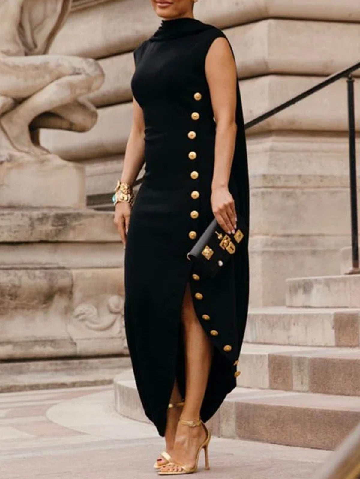 Formal Side Button Asymmetrical Hem Sleeveless Midi Dress