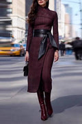 Tie-waisted elegant long woolen dress