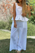 Cotton And Linen Solid Color Sleeveless Top & Wide Leg Pants Two-Piece Set