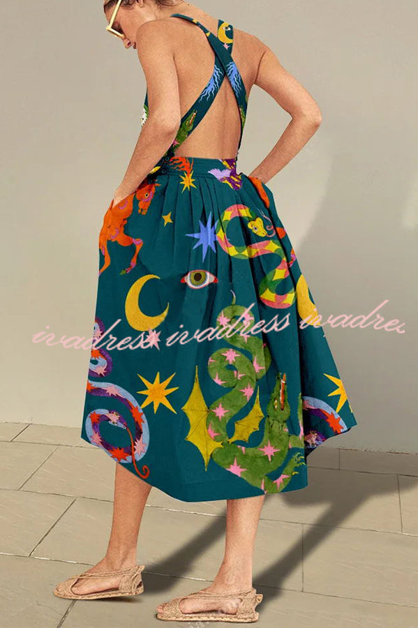 Fresh Summer Crossover Backless Pocketed Loose Midi Dress