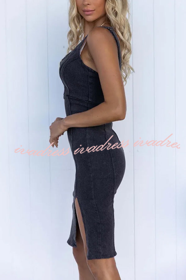 This Seasons Staple Denim Adjustable Straps Zip-up Firm Stretch Midi Dress
