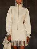 Casual White Stand Collar Long Sleeve Half-Zip Fringe Suede Mini Dress