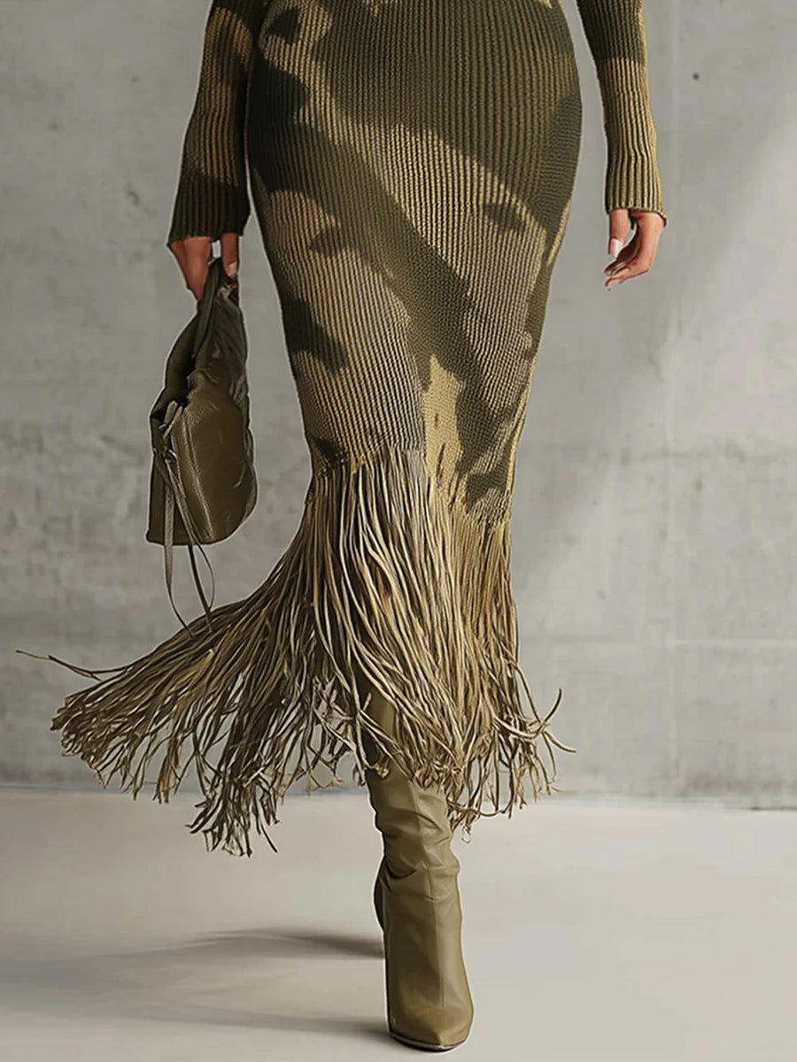 Casual Army Green Camouflage Knit V Neck Long Sleeve Fringe Hem Midi Dress
