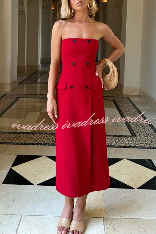 Admire Solid Color Pocket Button Back Zip Off Shoulder Midi Dress
