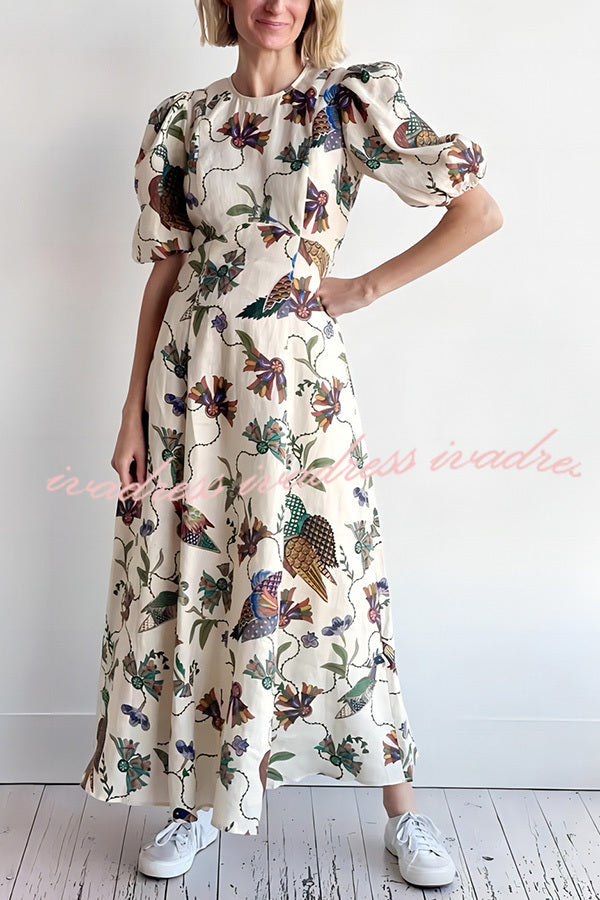 Level Up Floral Heaven Bird Print Puff Sleeve Midi Dress