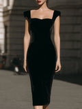 Vintage Glamour Velvet Midi Dress – Square Neck Bodycon With Cap Sleeves