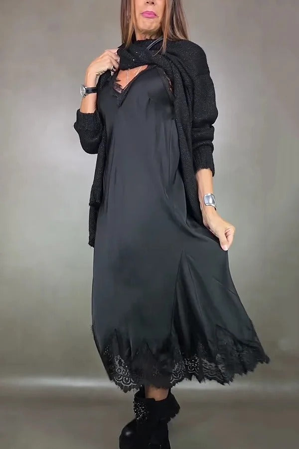 Retro knitted slit two-piece long skirt