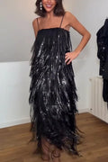 Chic Celebration Layered Sequined Tassels Slip Strapless H-line Midi Dress