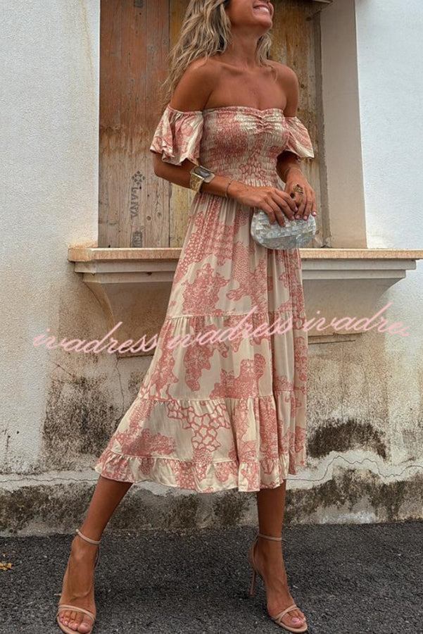 Pitaya Unique Print Off Shoulder Smocked Ruffle Sleeve Layered Midi Dress
