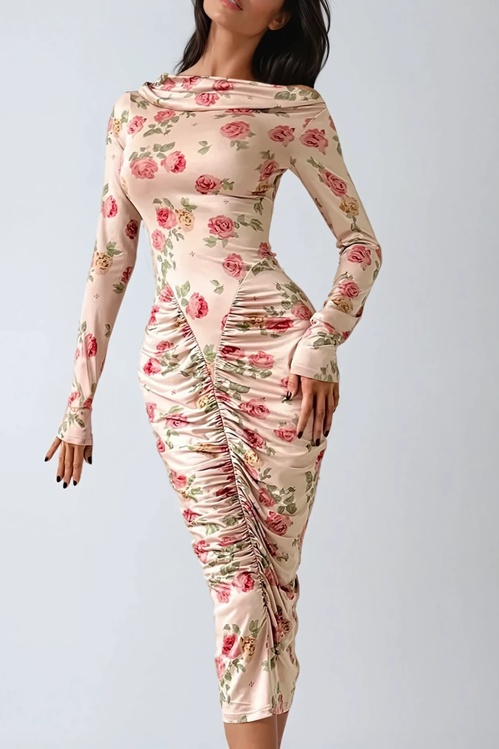 Dominiks Floral Bodycon Ruch Midi Dress In Pink