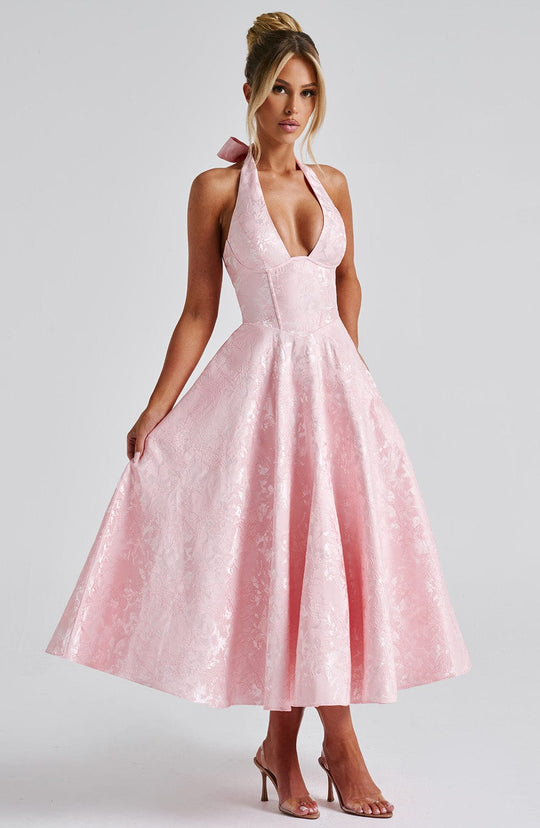 Halter Neck Satin Midi Dress | A-Line Silhouette