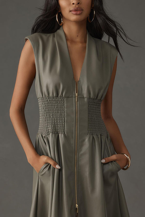 Kiera Faux Leather Smocked Waist Zipper Pocketed Midi Dress