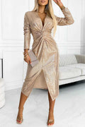 Sequined deep V-neck twisted slit dress