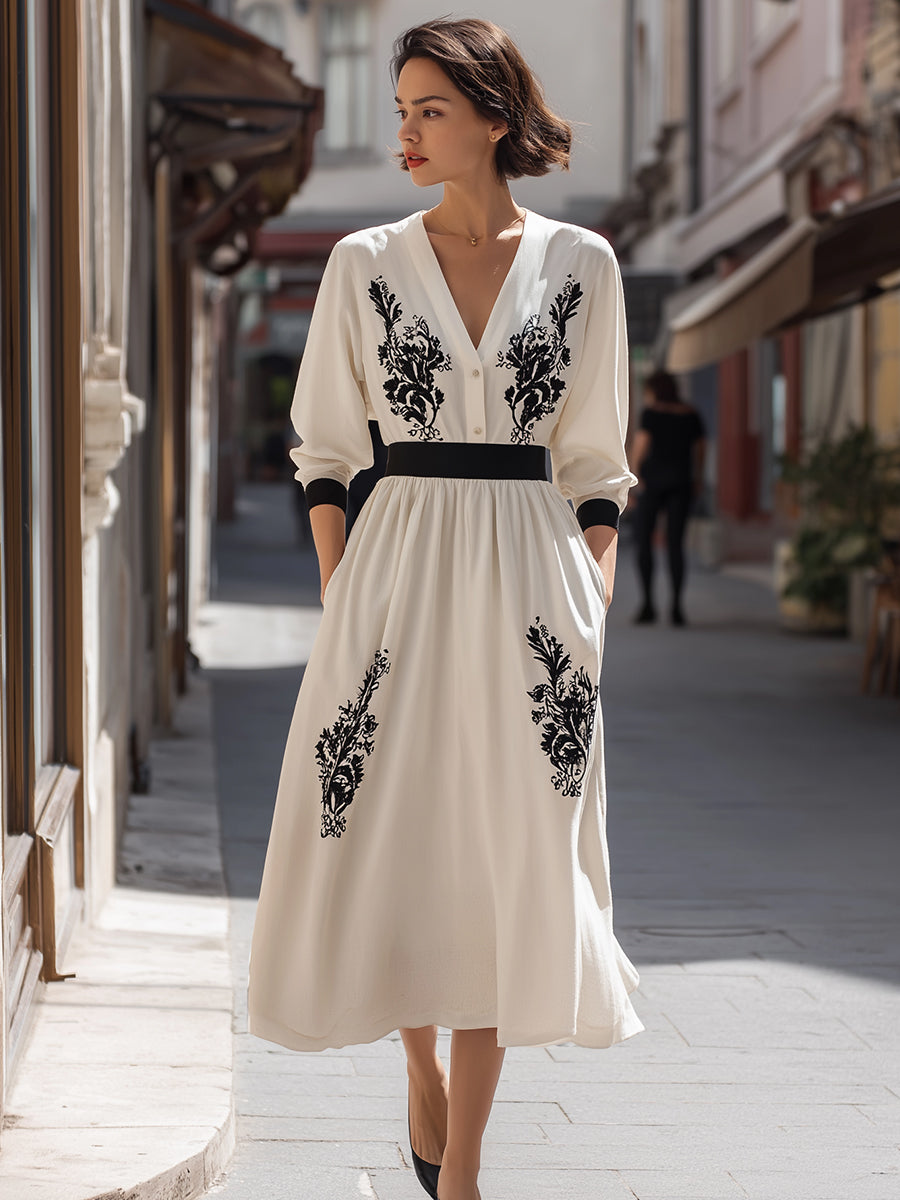 Embroidered Waist-Defined Midi Dress