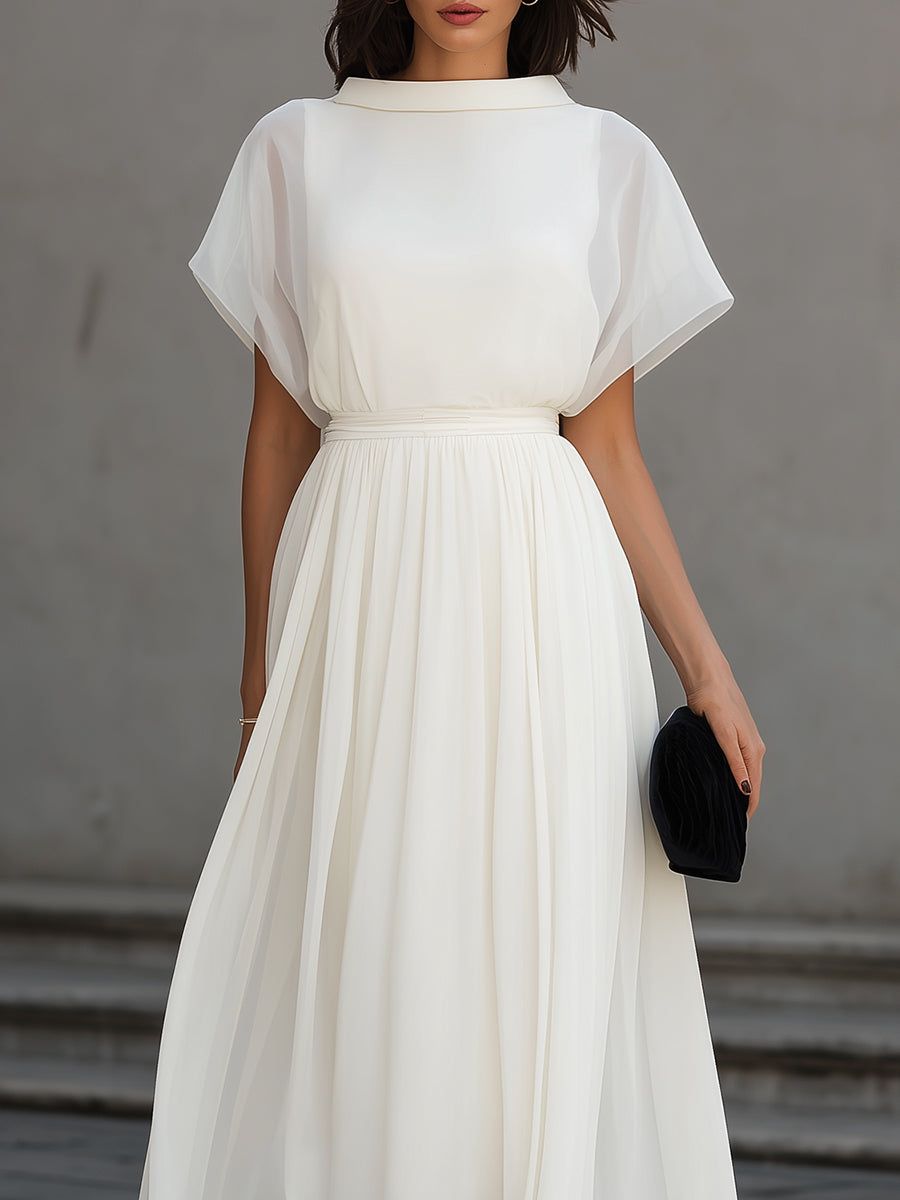 High Neck Sheer Sleeve Pleated Midi Dress