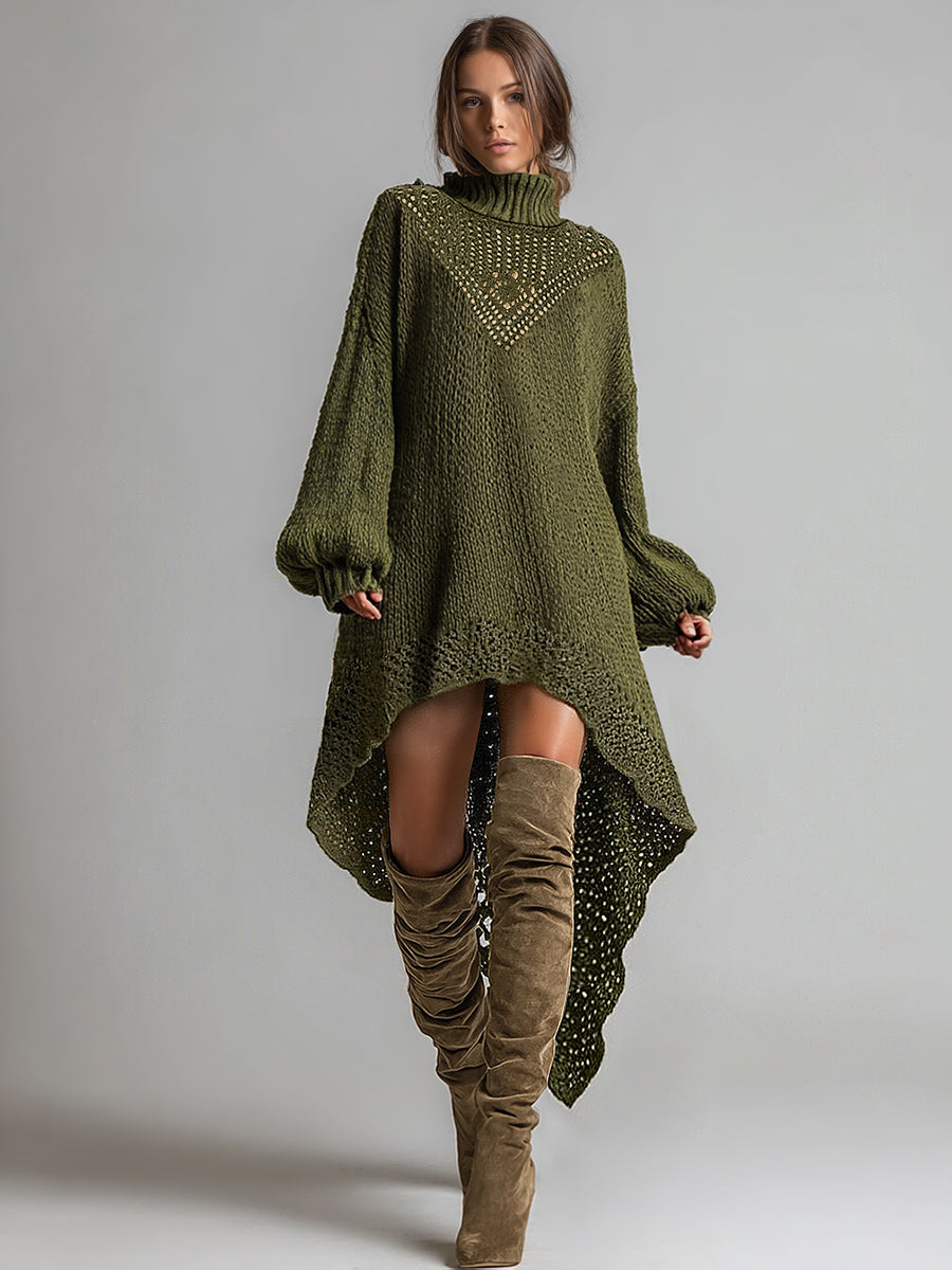 sheenchic Daily Army Green High Collar Lantern Sleeve Long Sleeve Asymmetric Hem Boho Strappy Crochet Midi Dresses