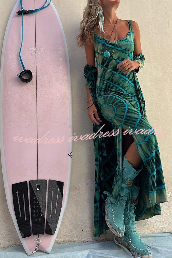 Boho Fashion Tie-dye Print Cowl Neck Stretch Slit Midi Dress